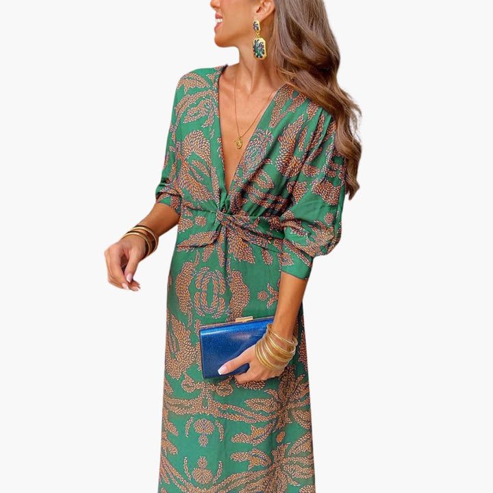 Robe midi pour femmes - Motif floral, manches longues & décolleté en V