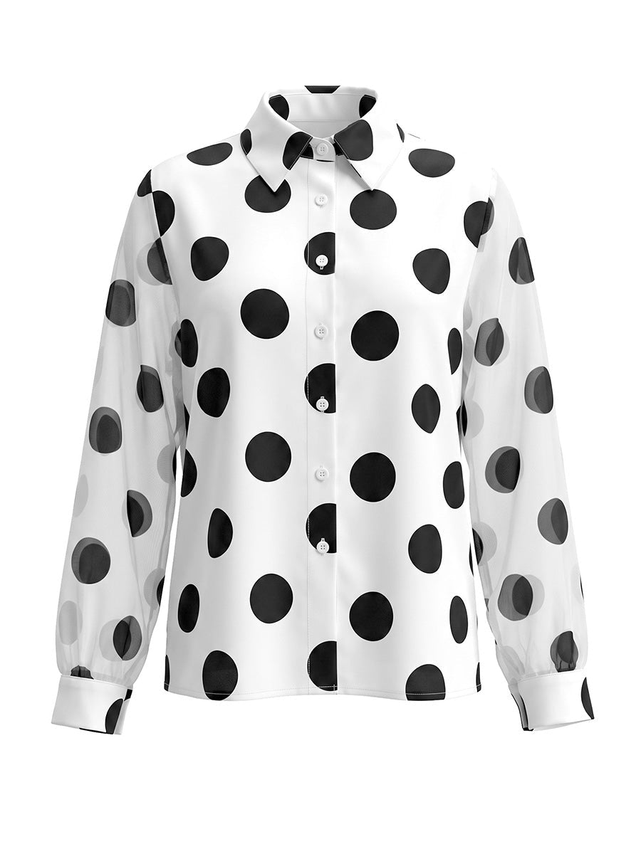 Chemisier ample boutonné imprimé à manches longues, à pois, à col revers