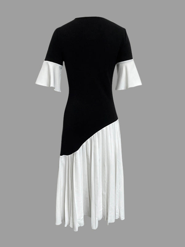 Robe mi-longue plissée à empiècements, à manches évasées, à manches mi-longues, à col rond