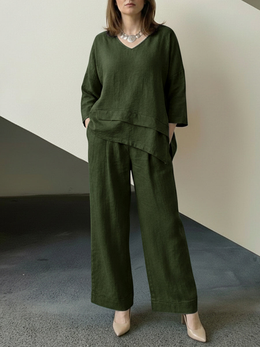 Ensemble deux pièces ample asymétrique à manches longues, à empiècements, à jambes larges – haut + pantalon