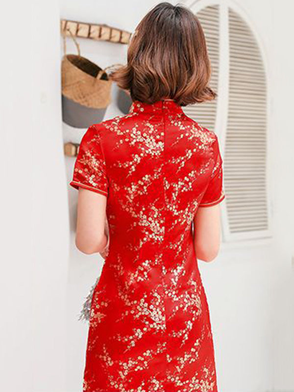 Cheongsam court à col montant imprimé fleurs de prunier