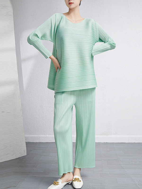 Ensemble deux pièces ample plissé à ourlet plongeant, à col rond, couleur unie – t-shirt + pantalon