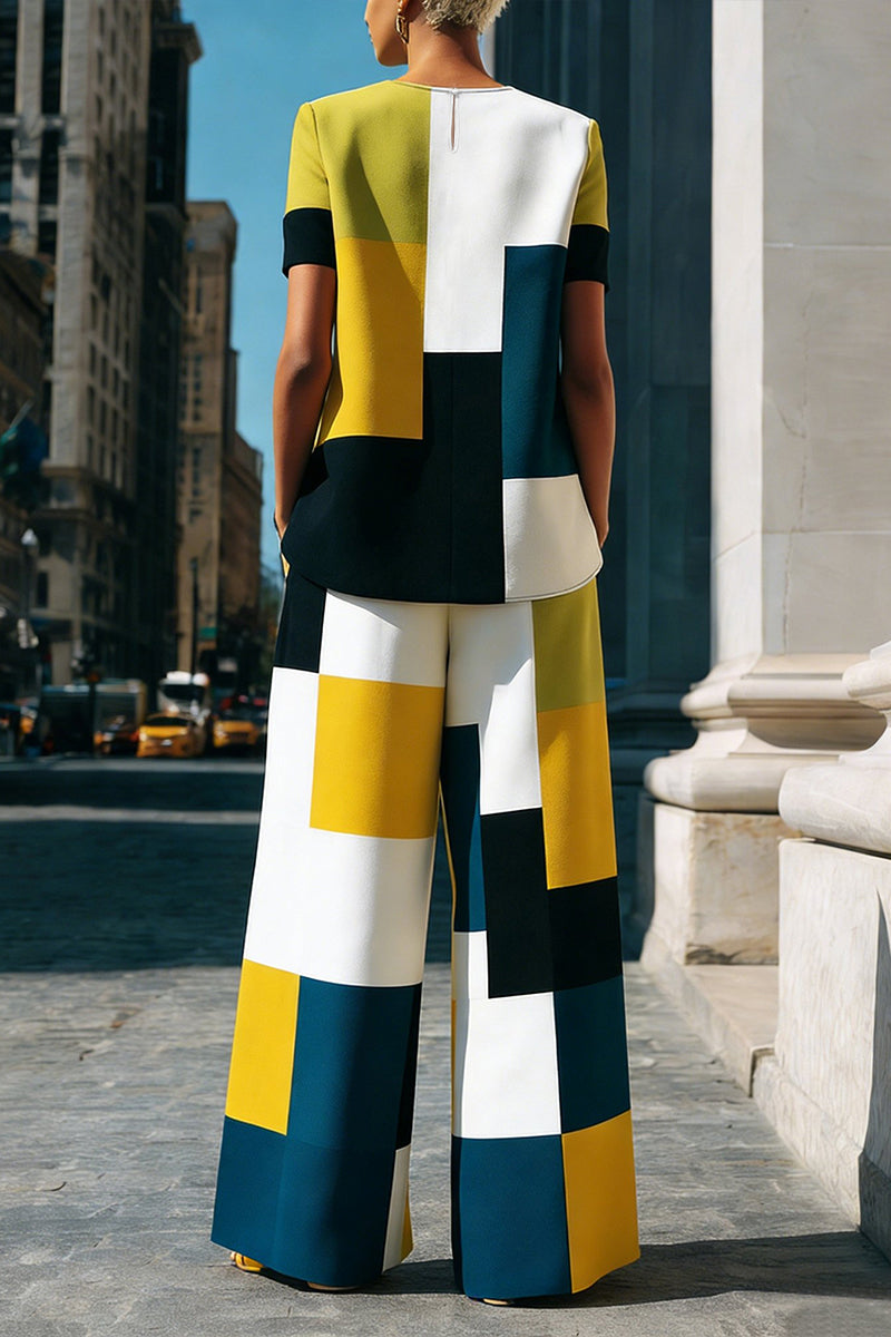 Pantalon ample taille haute, à poches, à empiècements, couleur contrastée