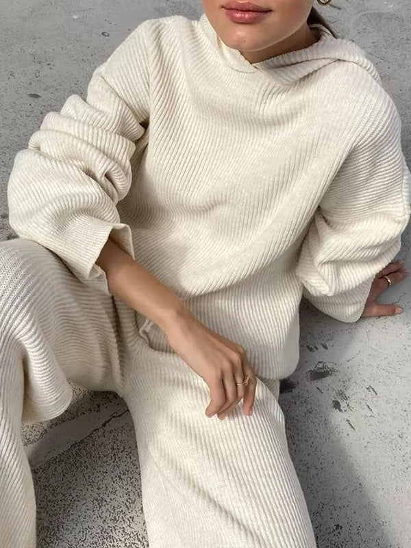 Ensemble deux pièces ample à col rond, à capuche, à manches longues, à cordon de serrage, couleur unie – pull + haut + pantalon