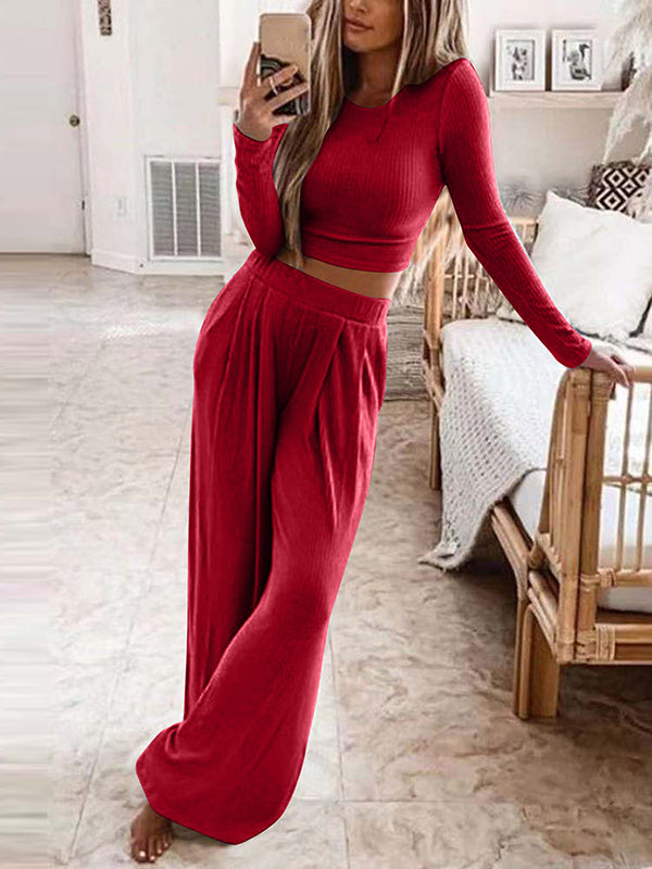 Ensemble deux pièces grande taille, à col rond, à manches longues, couleur unie – chemise + haut + pantalon