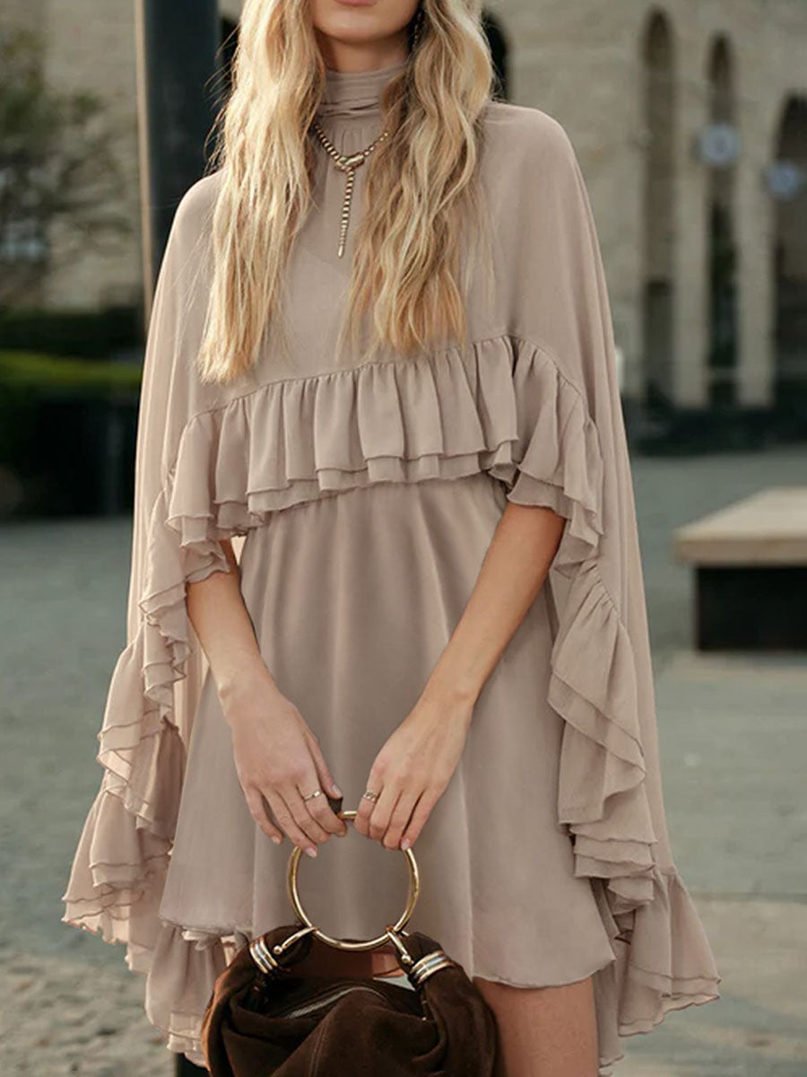 Robe courte ensemble deux pièces plissée volantée nouée taille haute, sans manches, à empiècements, à col cheminée, couleur unie