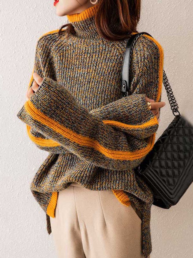 Pull décontracté à manches longues, ample, couleur contrastée, demi-col roulé