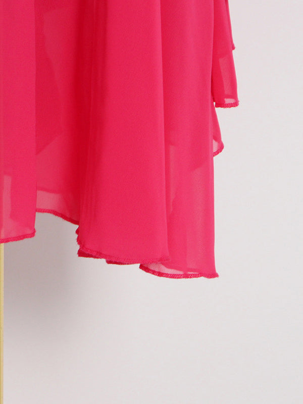 Robe longue ample à manches raglan, à volants étagés, à col montant, couleur unie