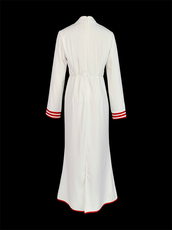 Robe longue moulante plissée à manches longues, à taille élastique, à empiècements, à décolleté en V profond, couleur contrastée