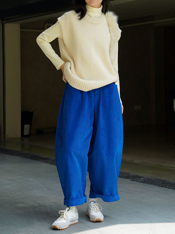 Pantalon ample vintage en velours côtelé, jambe large, couleur unie