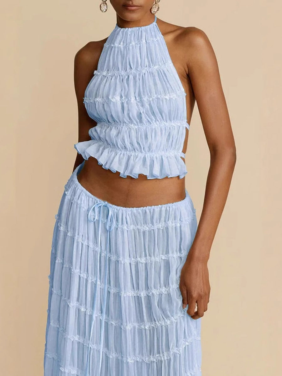 Ensemble deux pièces plissé texturé court volanté à col licou, dos nu, à taille nouée, taille haute, couleur unie – débardeur + jupe