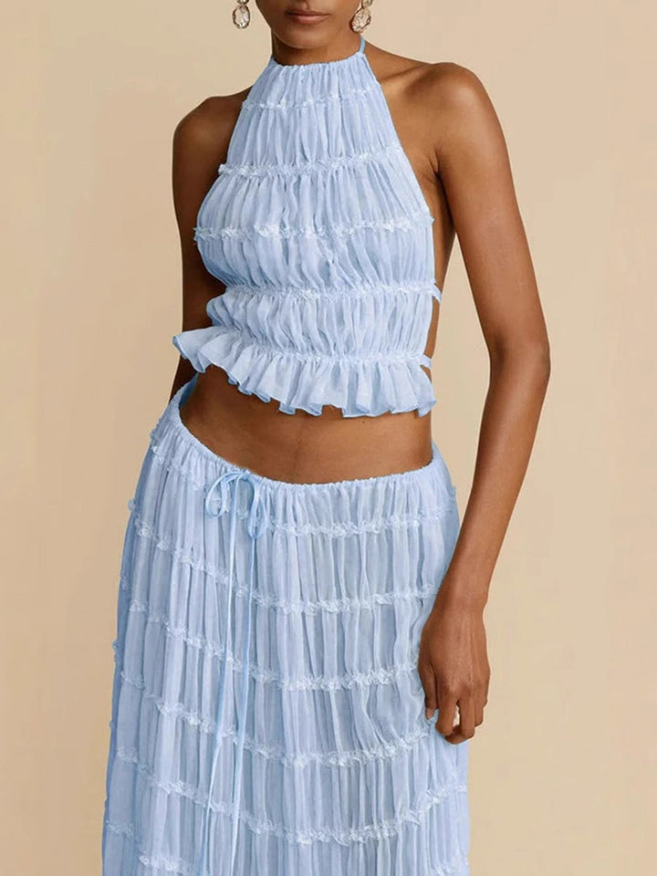 Ensemble deux pièces plissé texturé court volanté à col licou, dos nu, à taille nouée, taille haute, couleur unie – débardeur + jupe