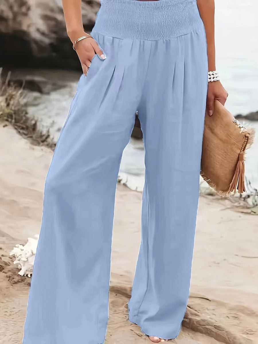 Pantalon plissé à taille élastique, taille haute, à poches, à empiècements, couleur unie