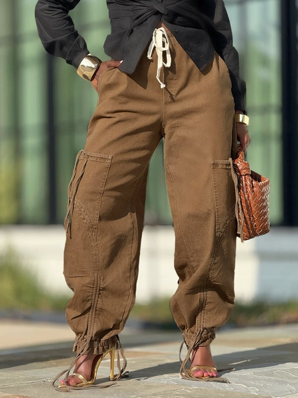 Jean taille haute, à taille élastique, à poches, couleur unie