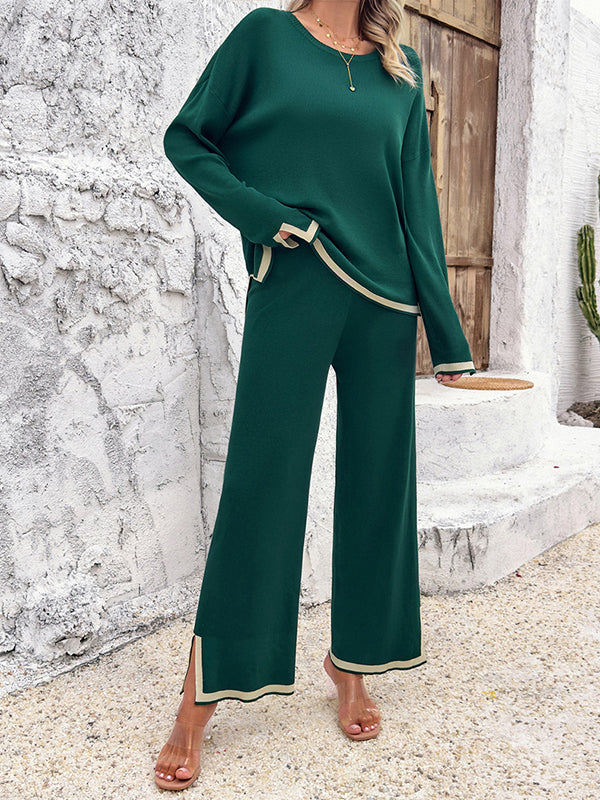 Ensemble deux pièces fendu sur le côté à manches longues, à empiècements, à col rond, à ourlet plongeant, couleur contrastée – pull + pantalon