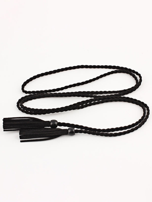 Ceinture de couleur unie à pompons en cuir artificiel de Bohême