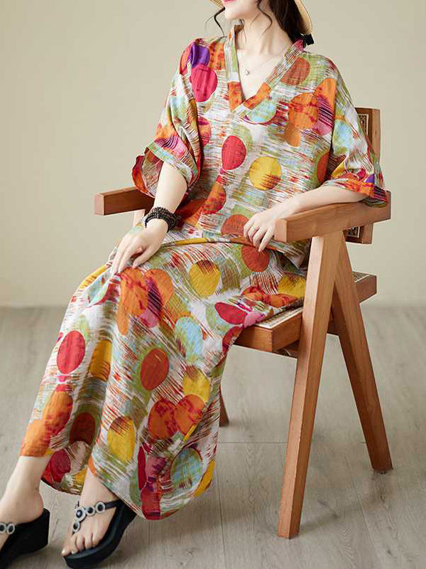 Robe longue à manches chauve-souris, à manches mi-longues, à pois, à col en V, couleur contrastée