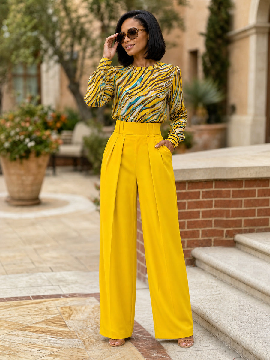 Pantalon plissé ample à poches, sans ceinture, à jambes larges, couleur unie