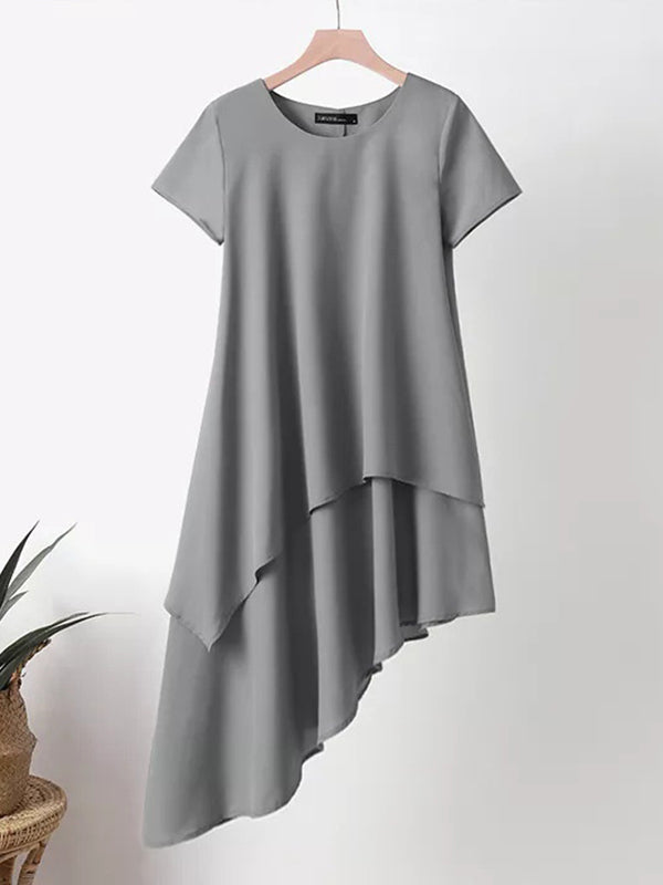 Robe mi-longue asymétrique grande taille, à manches courtes, à empiècements, à col rond, couleur unie