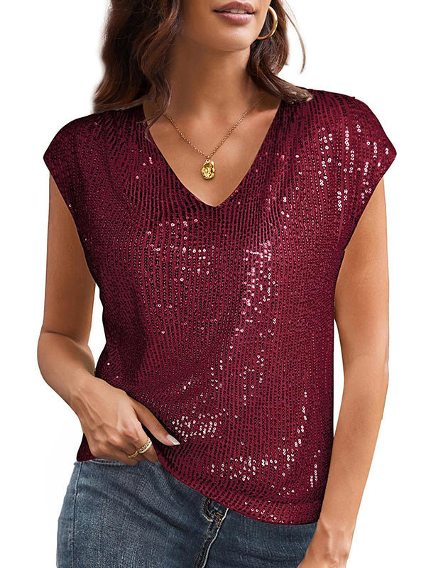 T-shirt ample brillant à manches chauve-souris, à sequins, à col en V