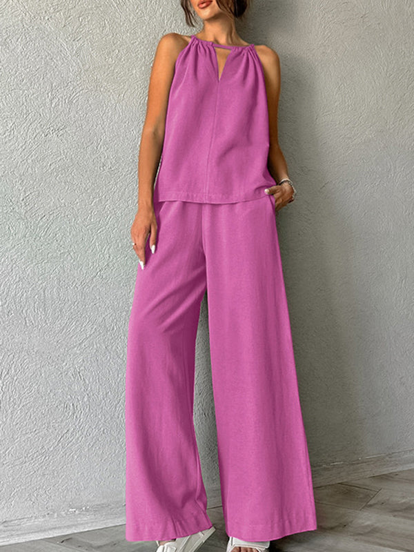 Gilet ample à col licou et pantalon taille haute élastique, ensemble deux pièces