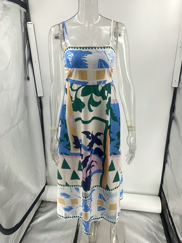 Robe mi-longue sans col, taille haute, plissée, imprimée, fendue, sans col