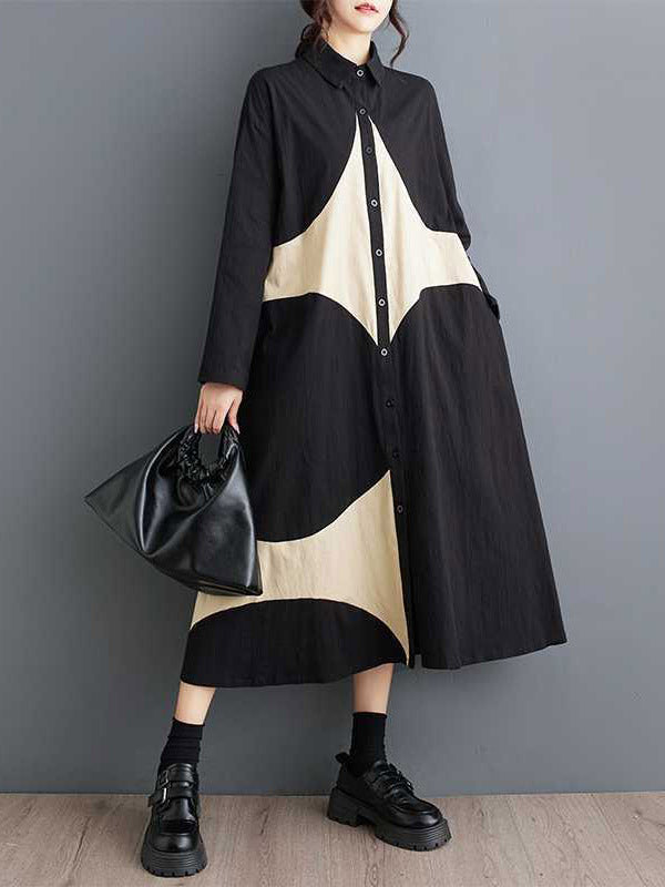 Robe chemise boutonnée imprimée coupe trapèze, à manches longues, à poches, à col revers