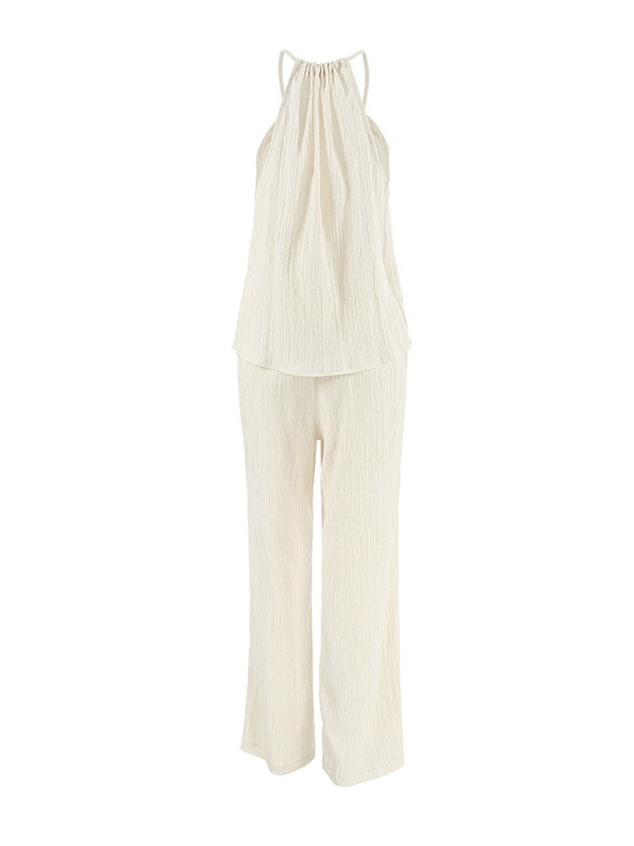 Ensemble deux pièces court plissé à col licou, à empiècements, taille haute, à taille élastique, à taille nouée, couleur unie – débardeur + pantalon