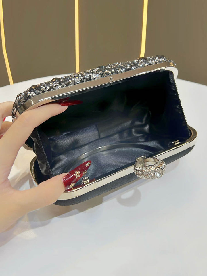Pochette de soirée géométrique brillante à chaîne, à cadenas, à strass