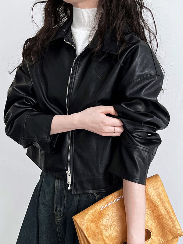 Veste ample à manches longues, à fermeture éclair, à col revers, couleur unie
