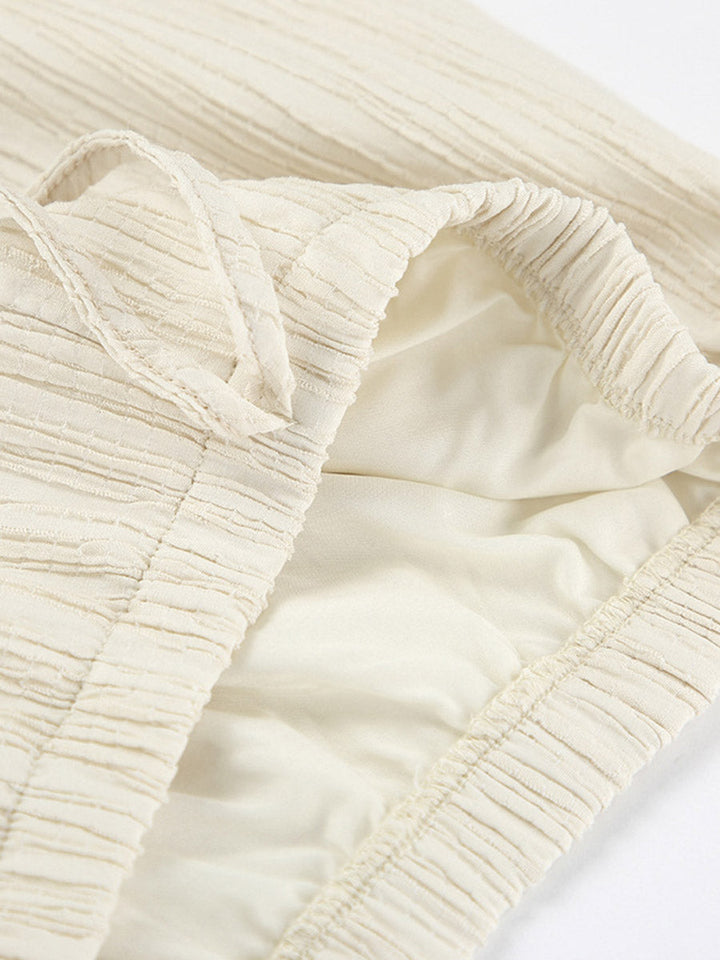 Ensemble deux pièces court plissé à col licou, à empiècements, taille haute, à taille élastique, à taille nouée, couleur unie – débardeur + pantalon