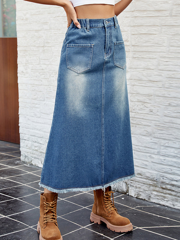 Jupe ample boutonnée coupe trapèze, à taille élastique, à franges, à poches, à empiècements