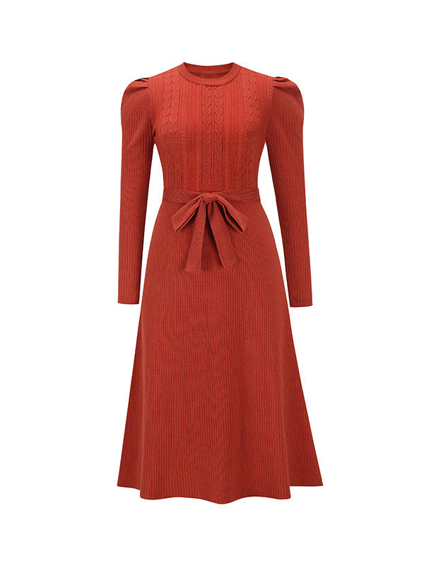 Robe pull taille haute, à manches longues, à taille nouée, à col rond, couleur unie