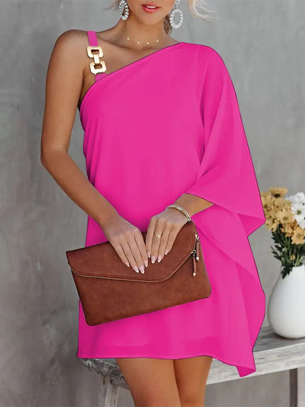 Robe courte ajourée imprimée à manches chauve-souris, asymétrique à une épaule