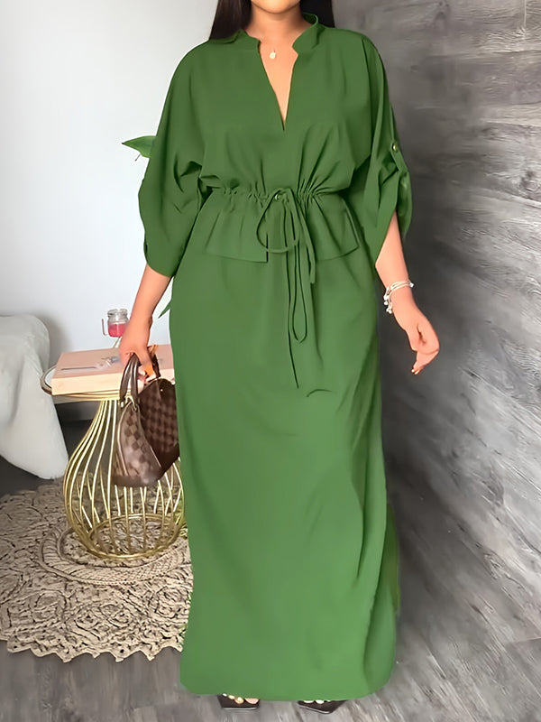 Robe longue ample fendue sur le côté à cordon de serrage, à col en V, couleur unie