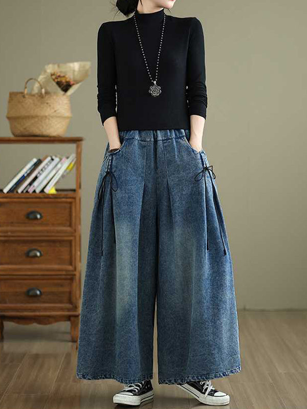 Jean ample plissé taille haute, à taille élastique, à poches