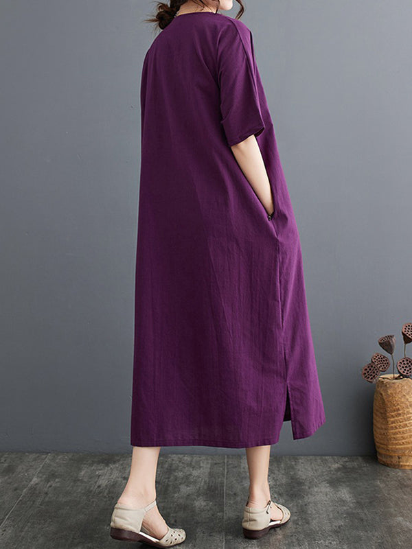Robe trapèze ample avec boutons de grenouille chinoise, poches, couleur unie, fendue sur le côté, col en v, robes mi-longues