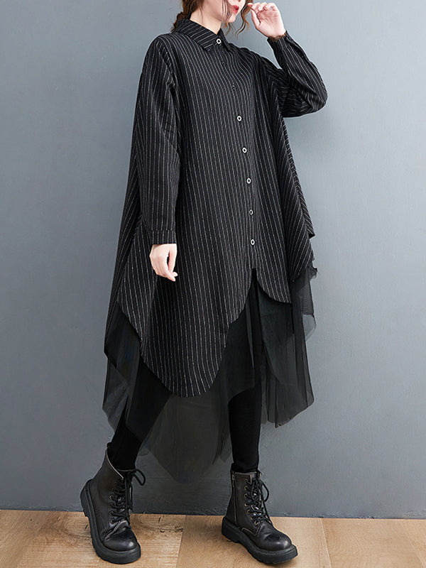 Robe ample rayée longue en gaze, à empiècements, à col revers