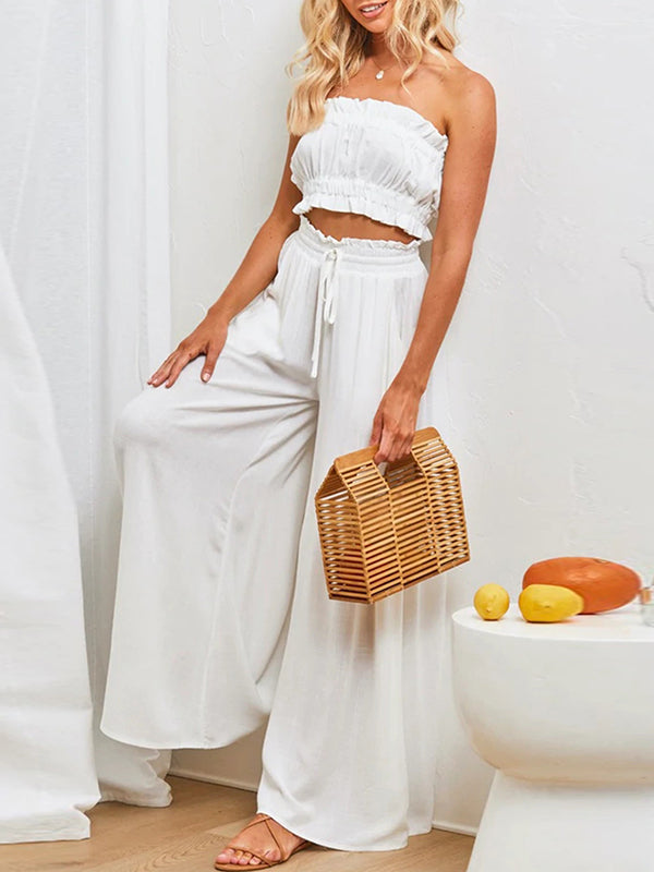Pantalon ample plissé taille haute, à cordon de serrage, à taille élastique, à poches, couleur unie