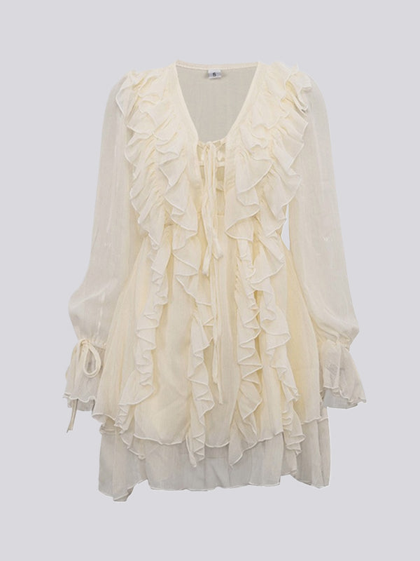 Robe courte nouée coupe trapèze, taille haute, à bordure volantée, à col en V, couleur unie