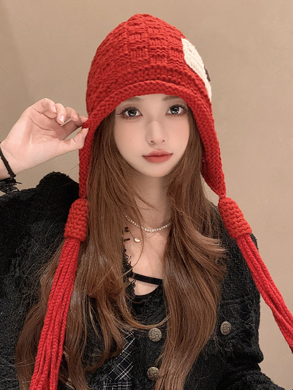 Chapeau tricoté à pompons, couleur contrastée, couleur unie