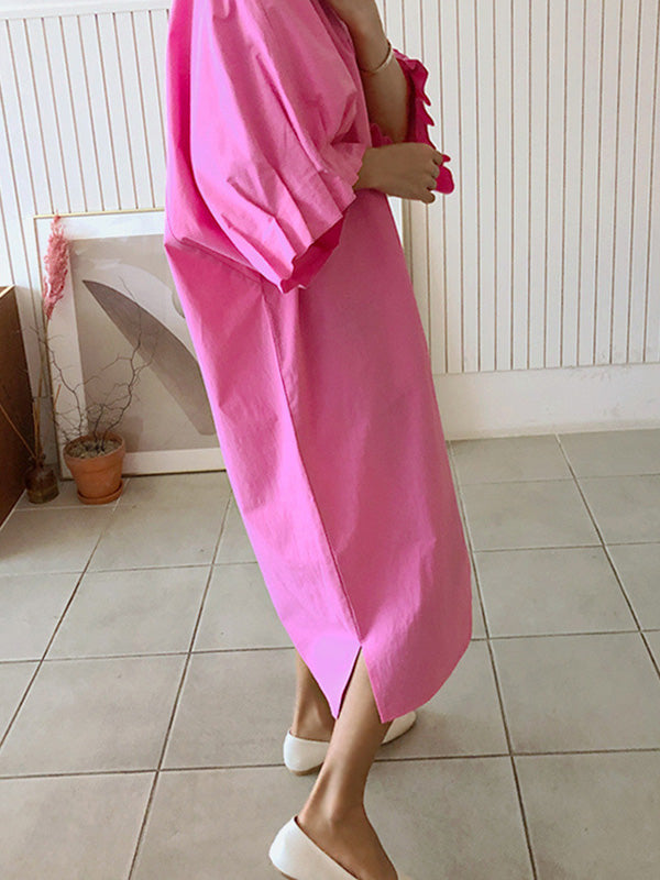 Robe mi-longue Plissée à Manches Raglan et Col en V de Grande Taille