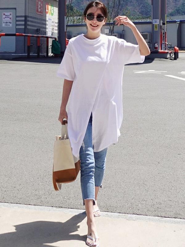 Haut t-shirt uni ample simple fendu sur le devant