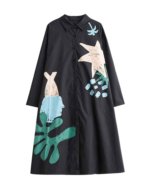 Robe chemise boutonnée imprimée coupe trapèze, à manches longues, à poches, à empiècements, à col revers