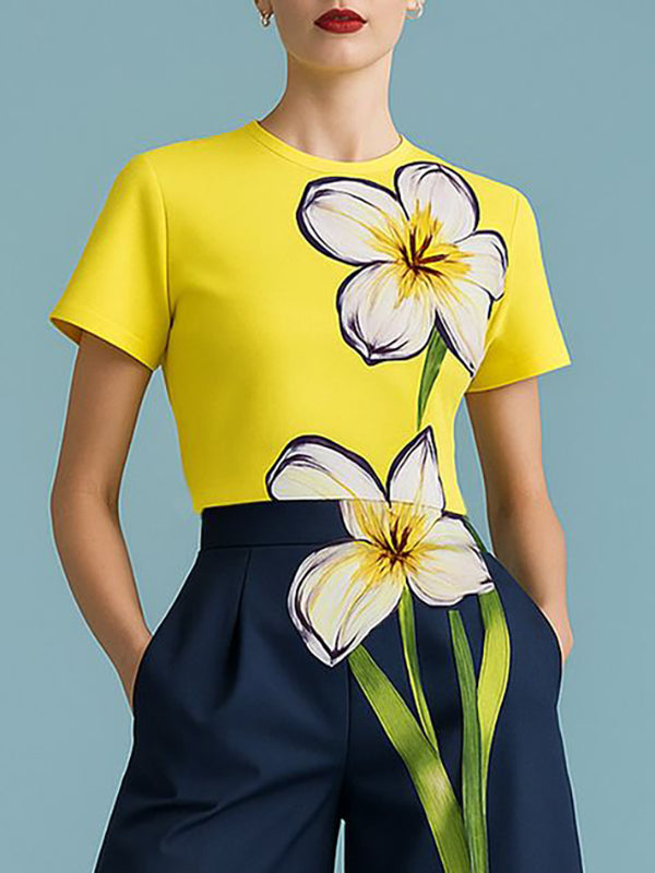 T-shirt à manches courtes, à imprimé floral, à col rond