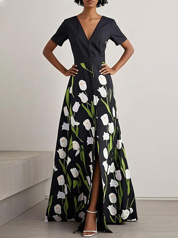 Robe longue fendue devant coupe trapèze, taille haute, à imprimé floral, à col en V