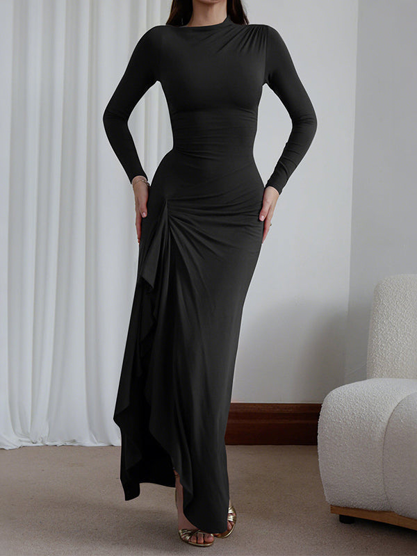Robe longue moulante asymétrique plissée volantée taille haute, à empiècements, à col rond, couleur unie