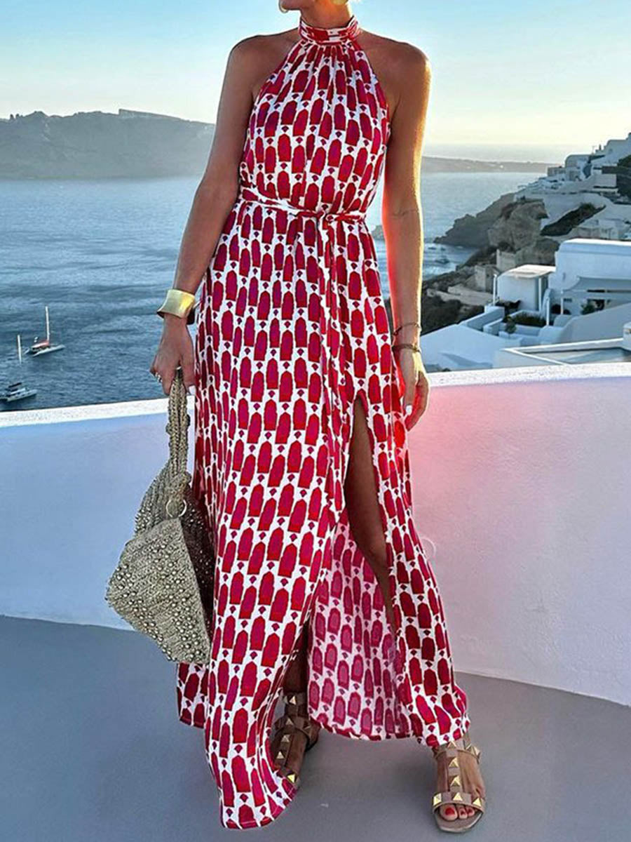 Robe longue imprimée fendue sur le côté taille haute, sans manches, à empiècements, à taille nouée, à col licou, couleur contrastée