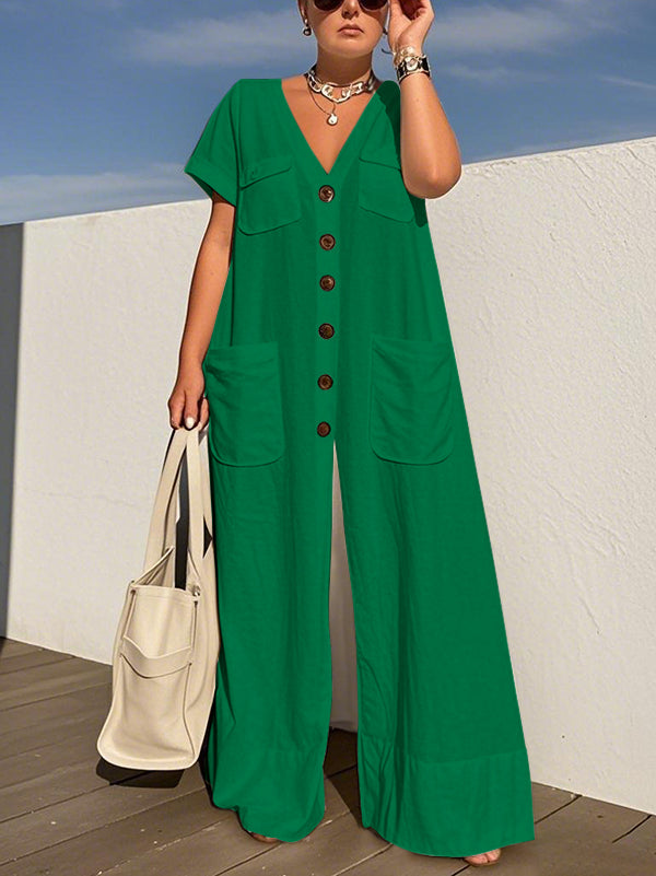 Combinaison ample boutonnée à manches courtes, à poches, à col en V, couleur unie