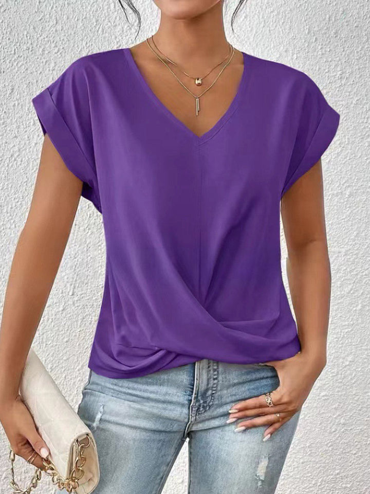T-shirt ample plissé à manches courtes, à col en V, couleur unie